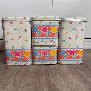 New VTG‎ Cheinco Tulip Butterfly Storage Tin Can Set 4 Piece Retro Kitchen Decor
